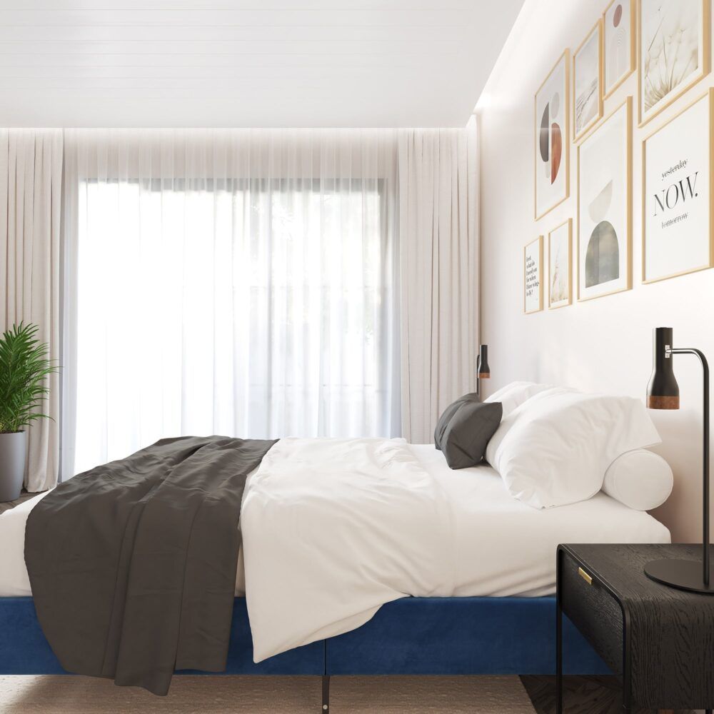 Double Velvet Bed Frame with Wood Slats Blue