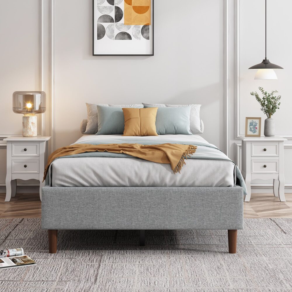 Double Bed Frame With Wooden Slats Light Grey Finish
