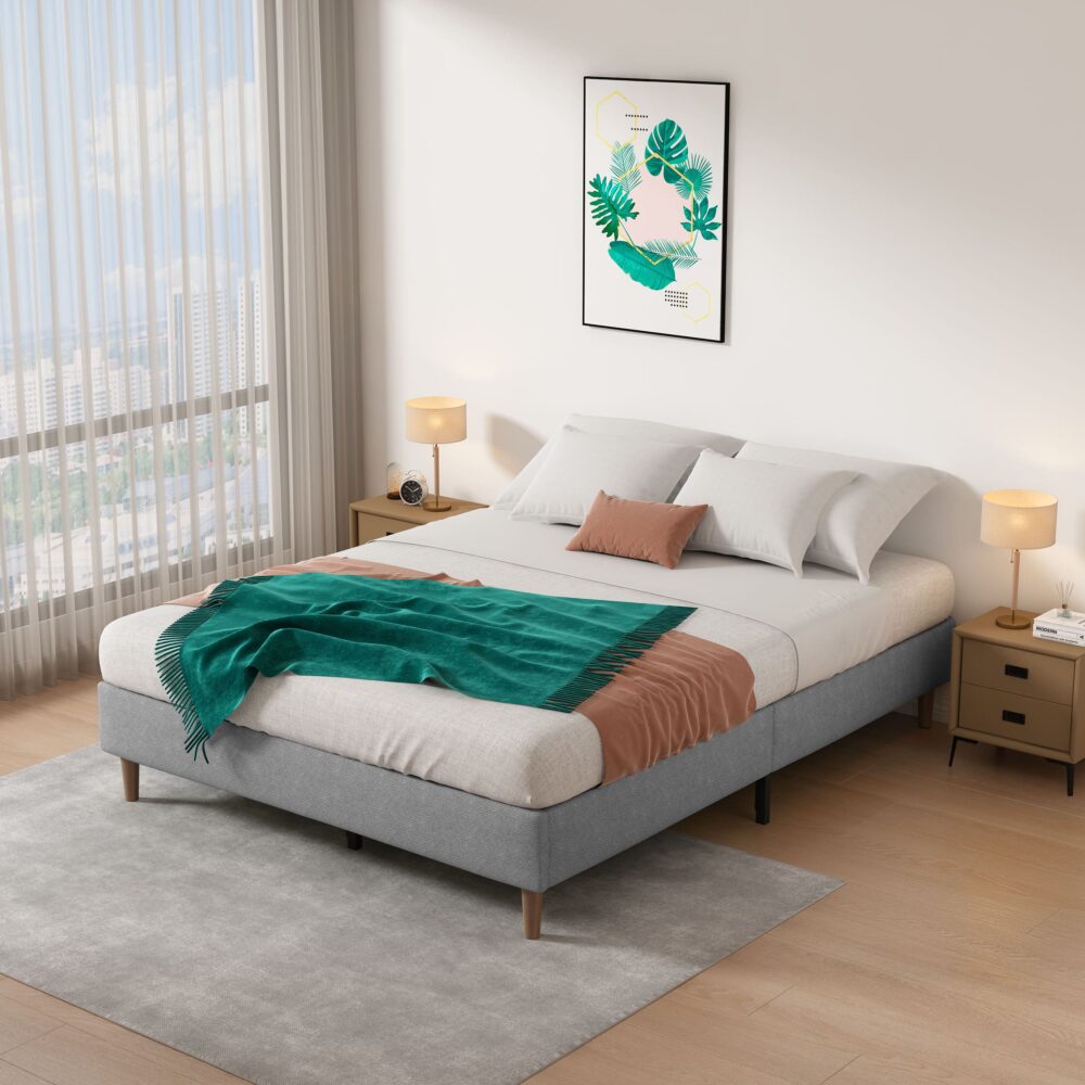 Double Bed Frame With Wooden Slats Light Grey Finish