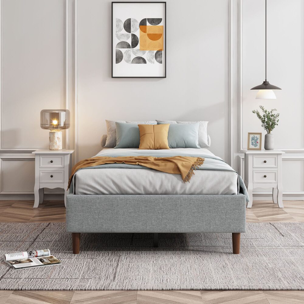 Double Bed Frame With Wooden Slats Light Grey Finish