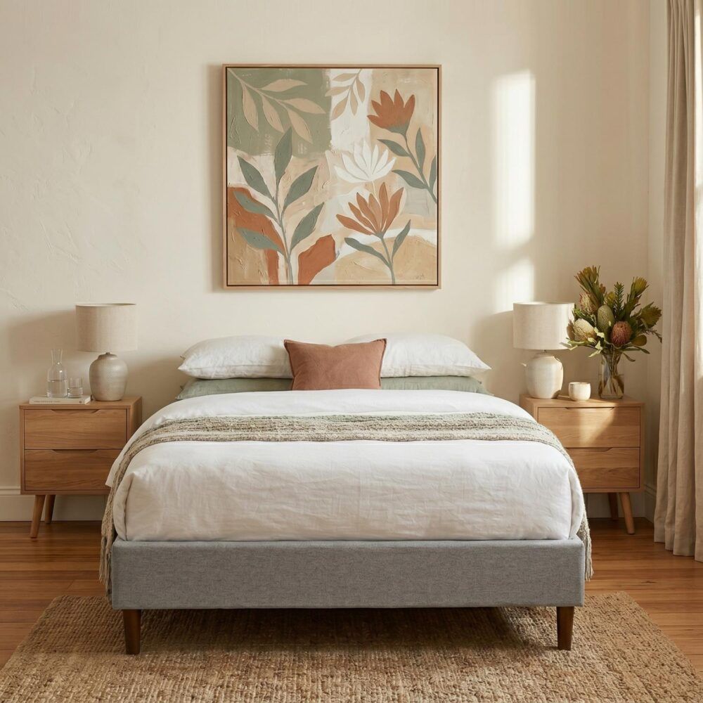 Queen Bed Frame With Wooden Slats Light Grey Finish