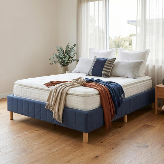 King Metal Bed Frame with Fabric Cover Durable Blue Mattress Base - Foundation