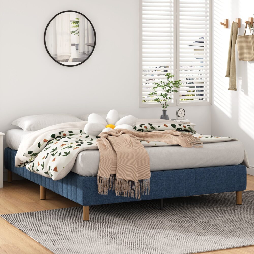 King Metal Bed Frame with Fabric Cover Durable Blue Mattress Base