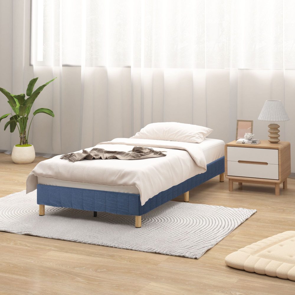 King Metal Bed Frame with Fabric Cover Durable Blue Mattress Base