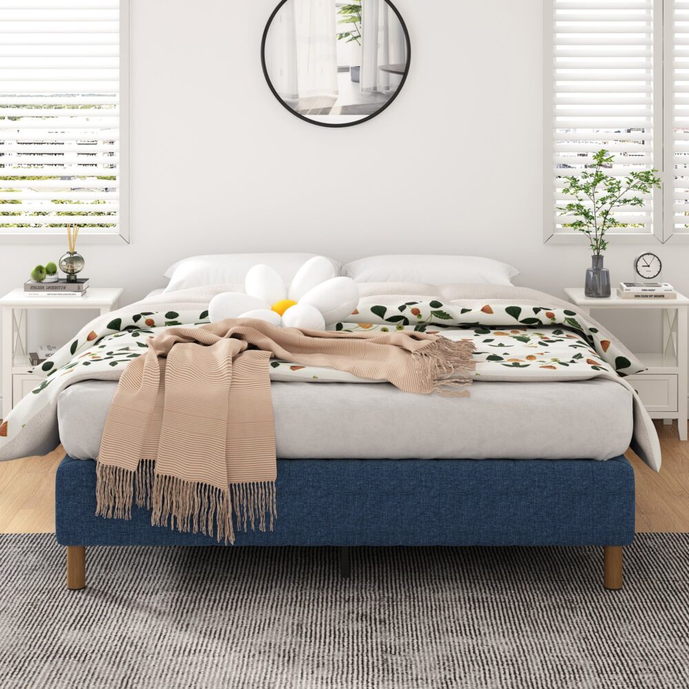King Metal Bed Frame with Fabric Cover Durable Blue Mattress Base