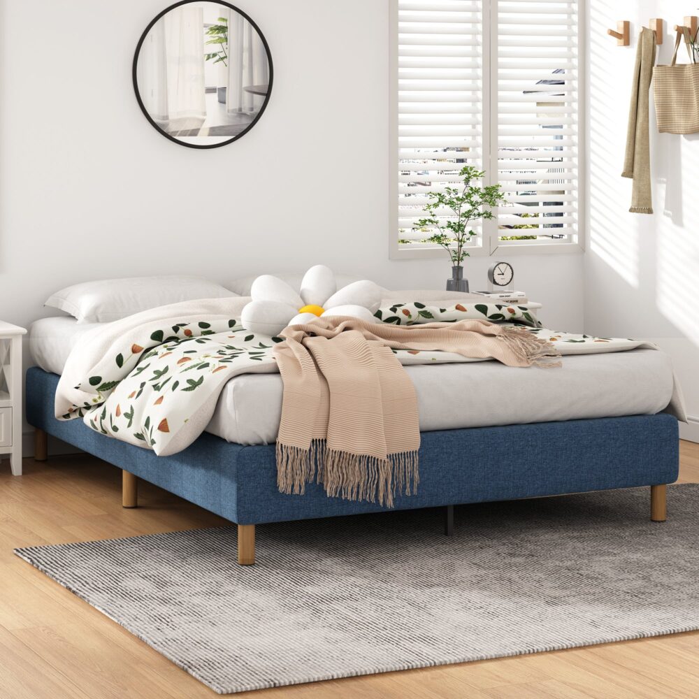 King Metal Bed Frame with Fabric Cover Durable Blue Mattress Base