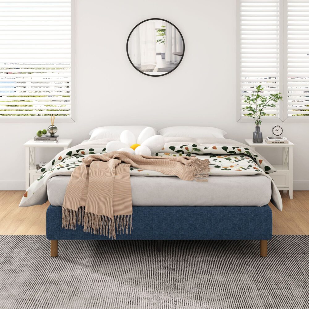 King Metal Bed Frame with Fabric Cover Durable Blue Mattress Base