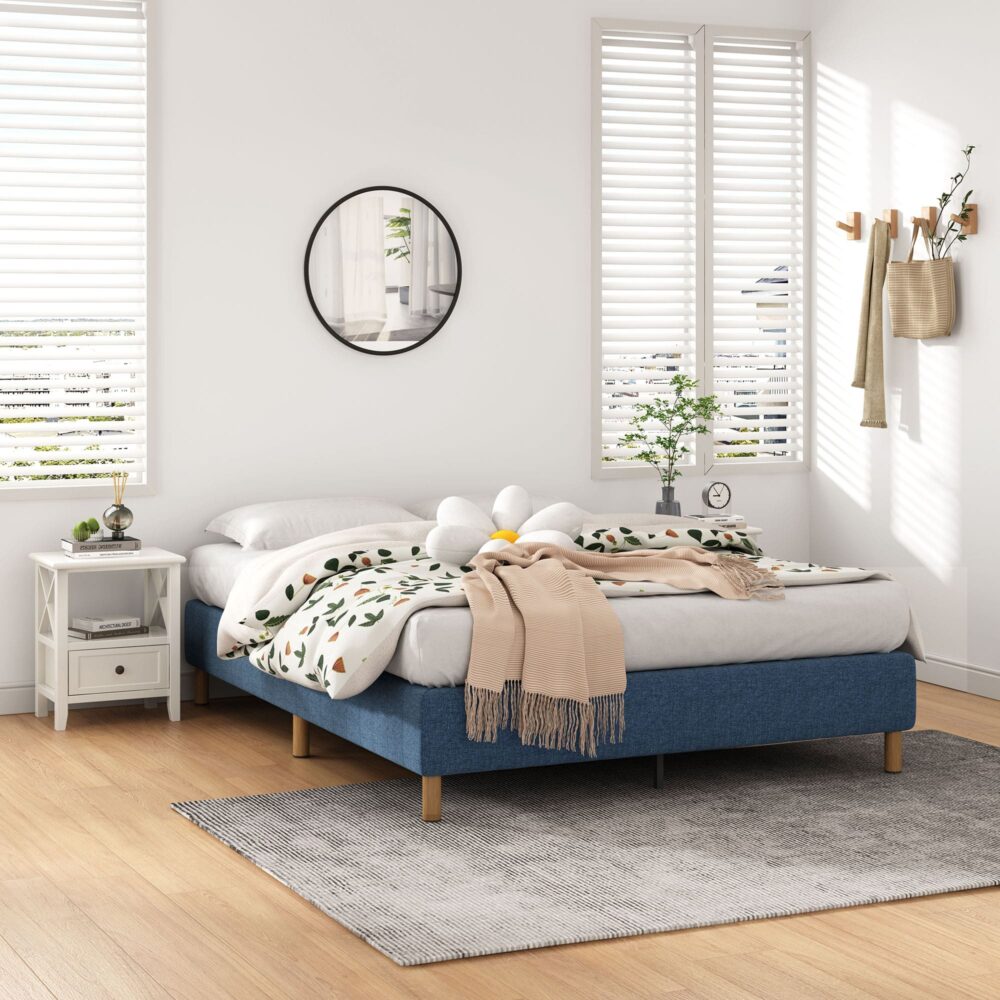 King Metal Bed Frame with Fabric Cover Durable Blue Mattress Base