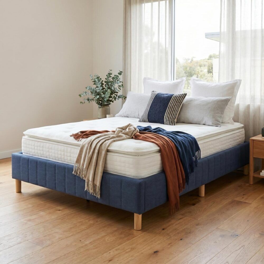 Queen Metal Bed Frame with Fabric Cover Sturdy Blue Mattress Base