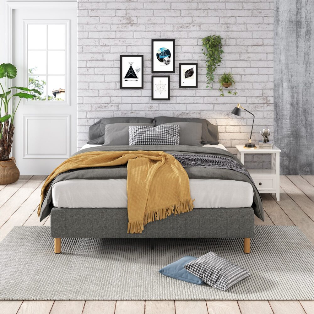 Double Metal Bed Frame with Fabric Cover Sturdy Dark Grey Base
