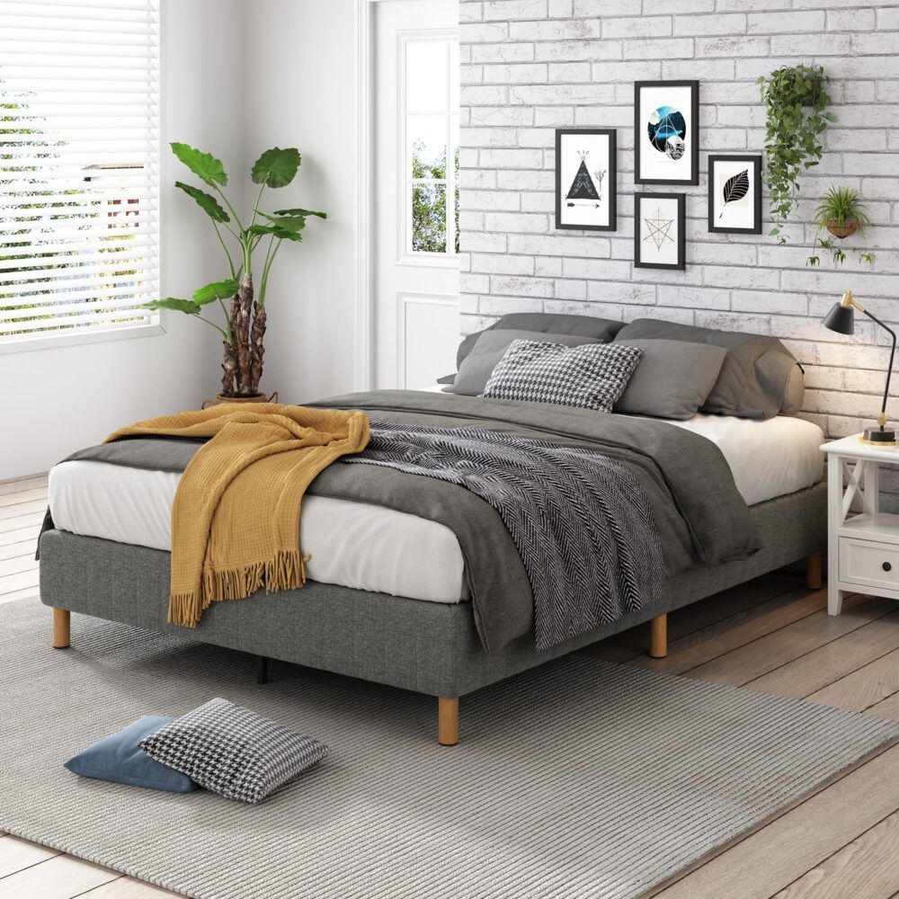 King Metal Bed Frame with Fabric Cover Sturdy Dark Grey Base