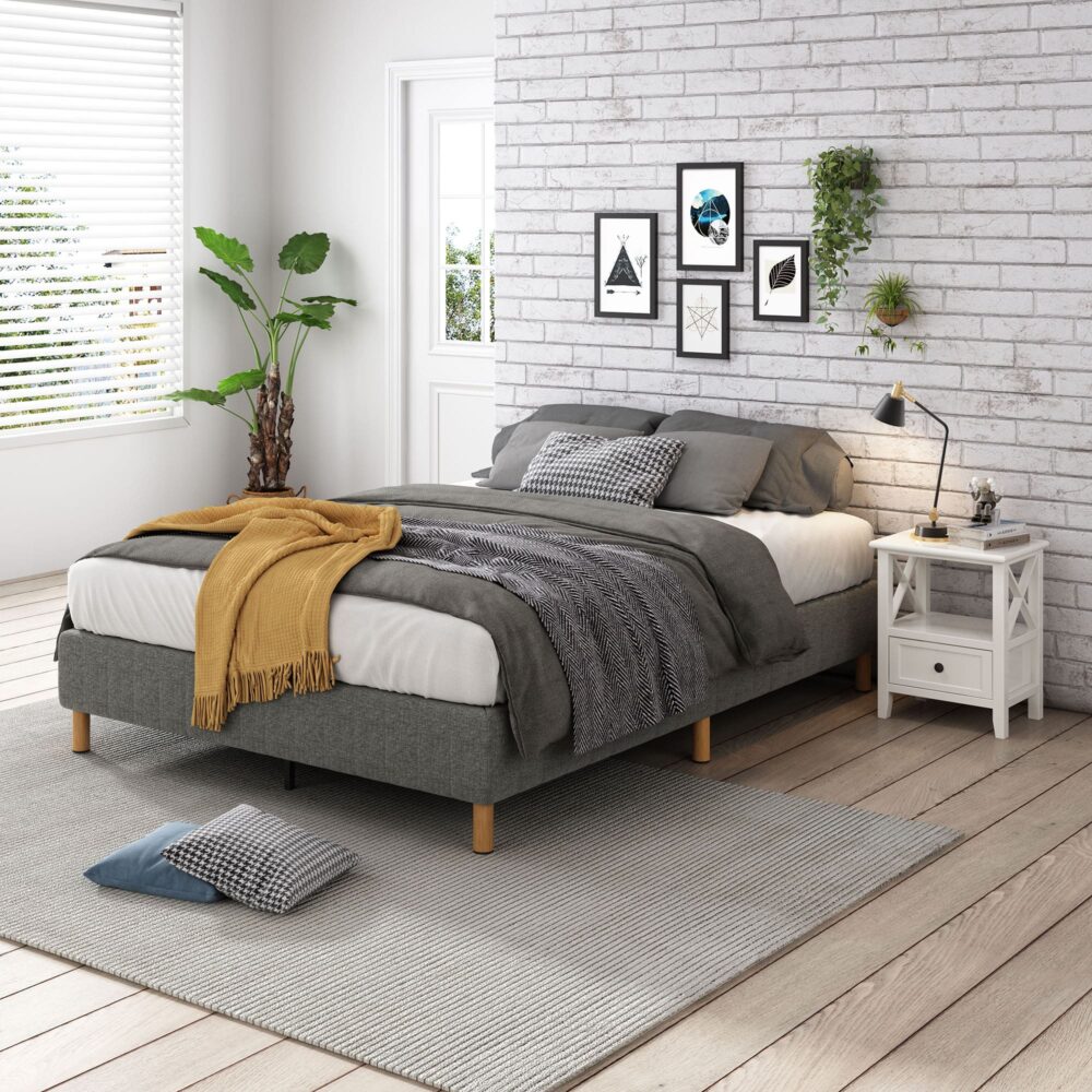 King Metal Bed Frame with Fabric Cover Sturdy Dark Grey Base