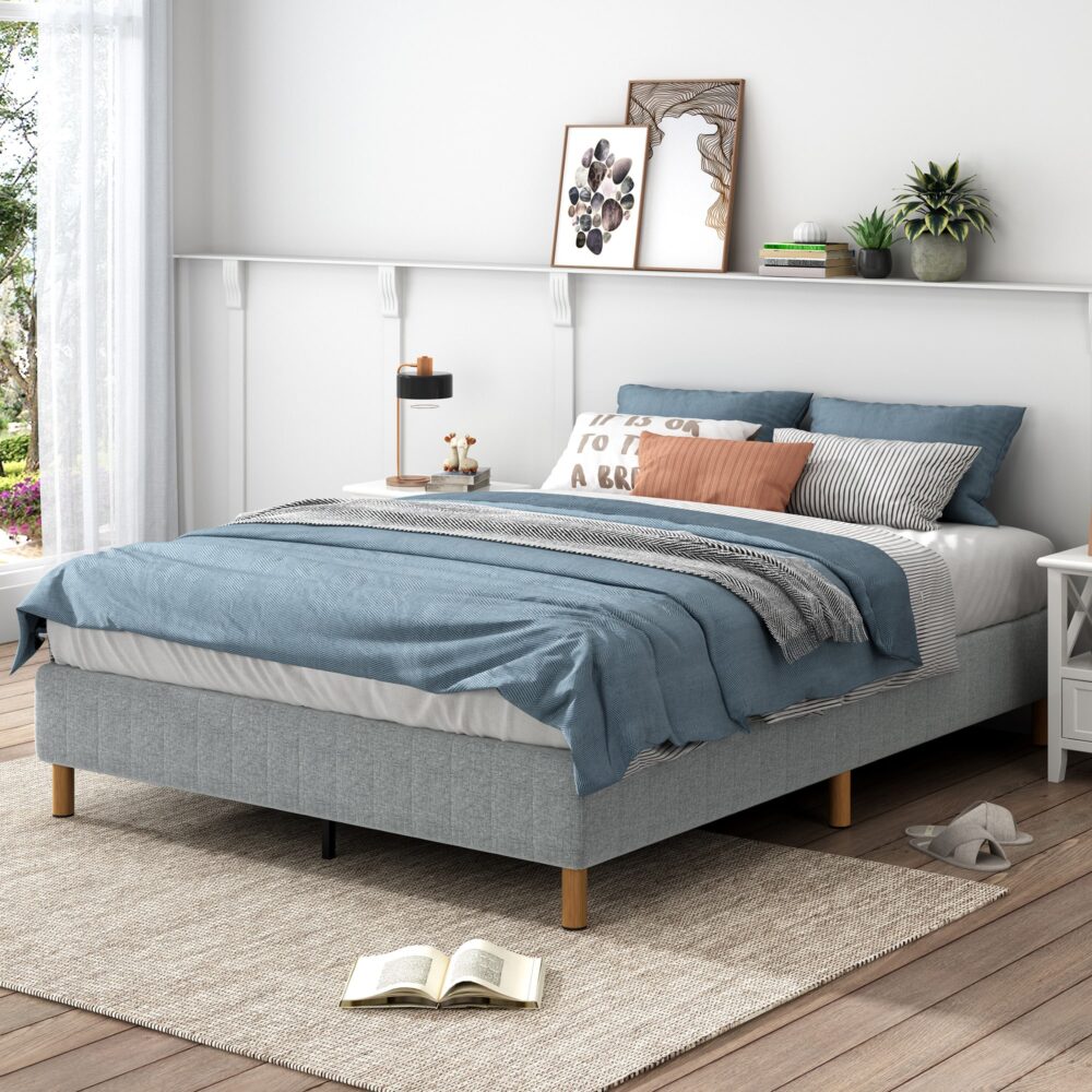 Double Metal Bed Frame with Linen Cover Durable Light Grey Base