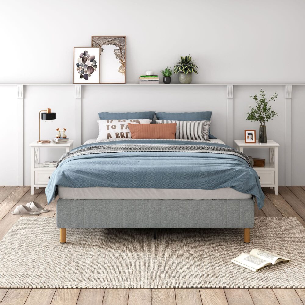 Double Metal Bed Frame with Linen Cover Durable Light Grey Base