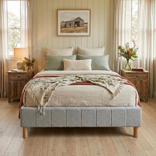 King Metal Bed Frame with Fabric Cover Sturdy Light Grey Base - Bedframe Mattress Foundation