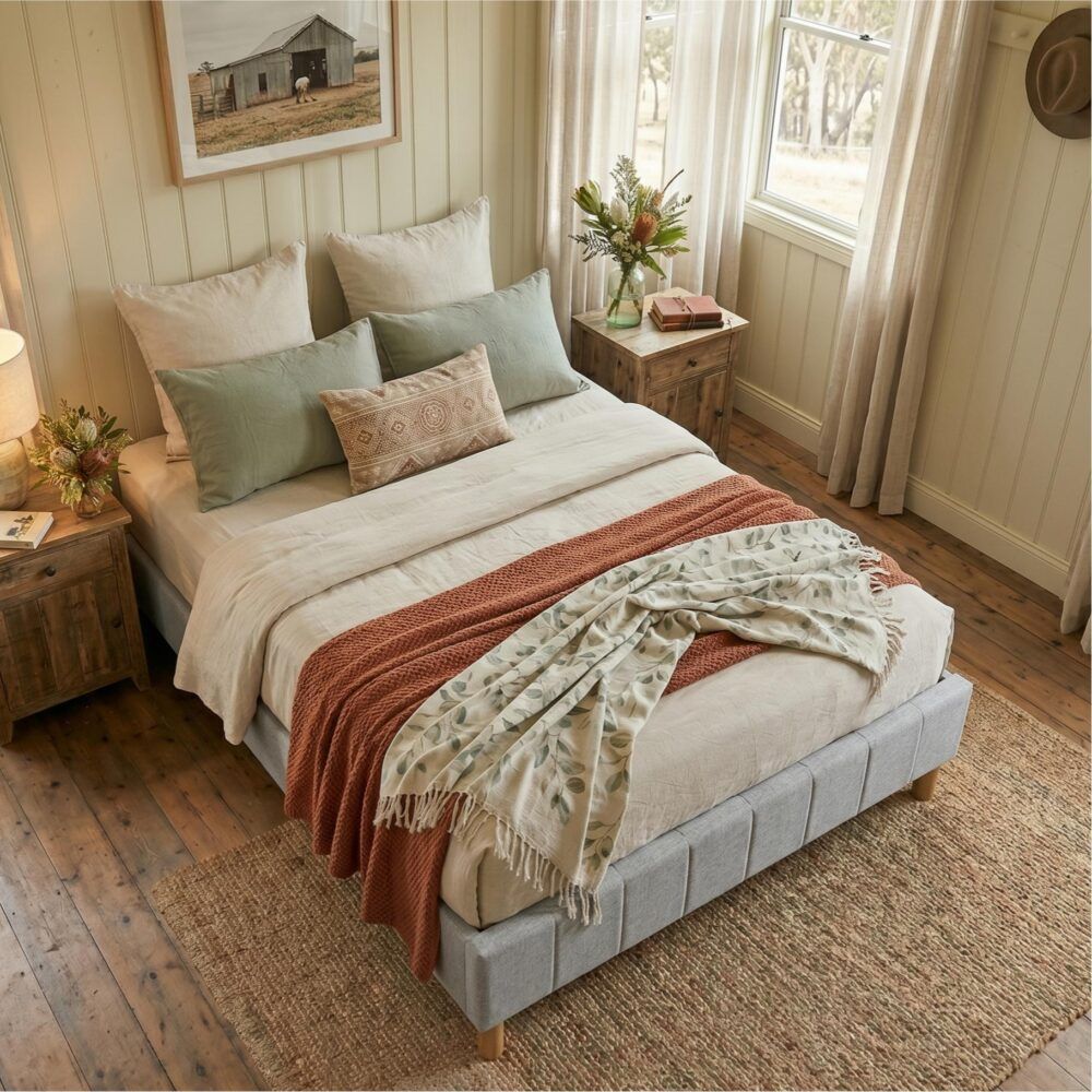King Metal Bed Frame with Fabric Cover Sturdy Light Grey Base