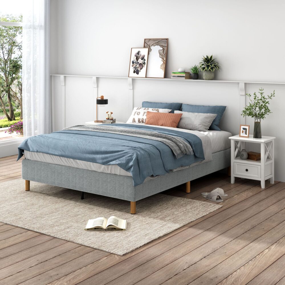 King Metal Bed Frame with Fabric Cover Sturdy Light Grey Base