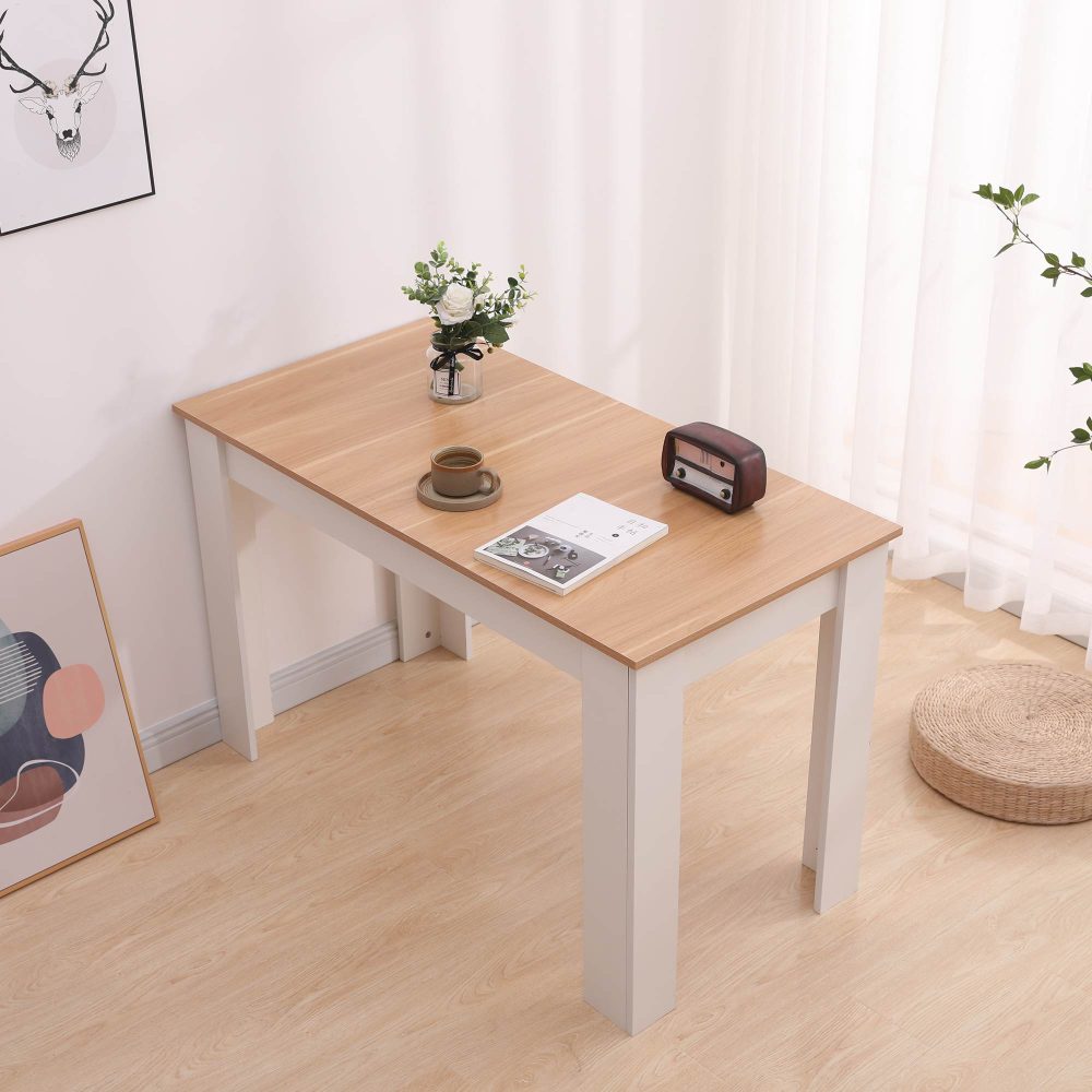 Natural Rectangular Dining Table with 4x Blue Velvet Chairs