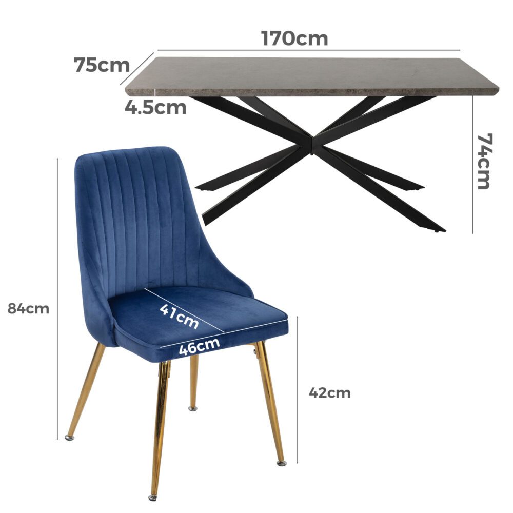 Rectangular Table and Navy Velvet Chairs Dining Set