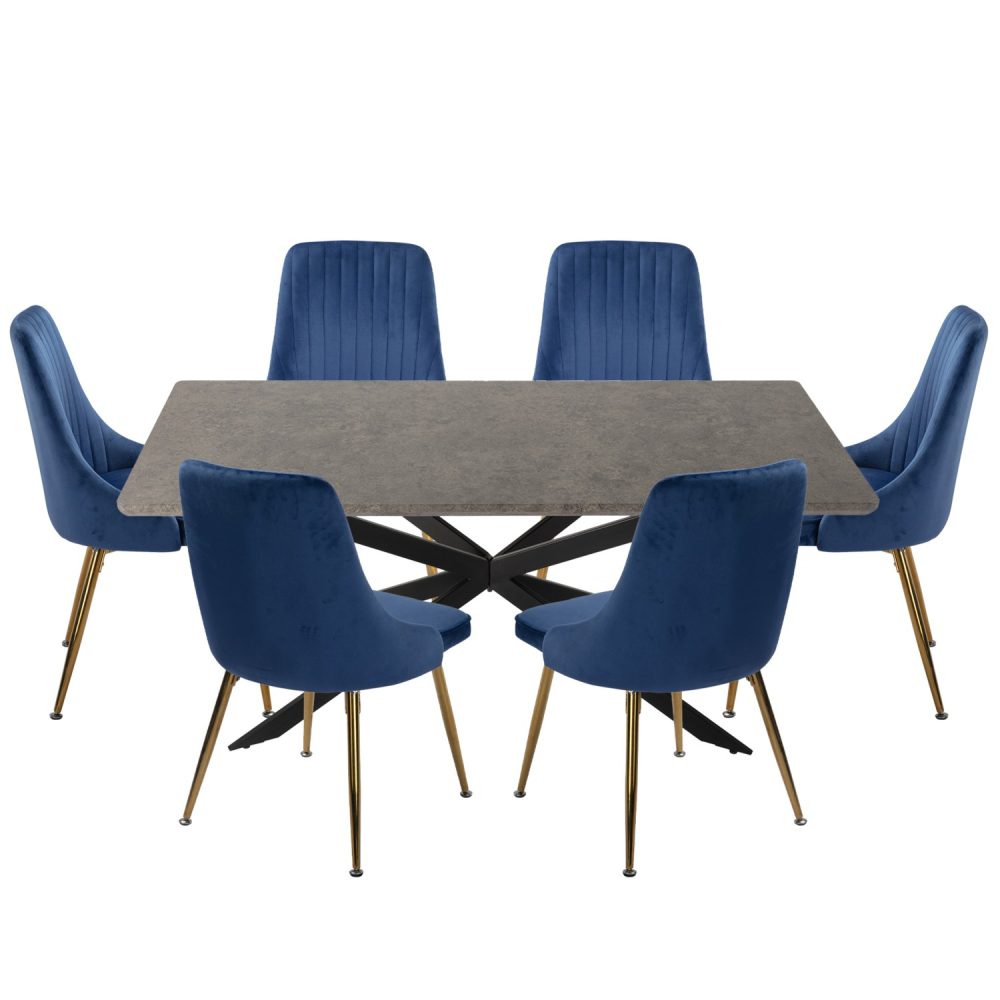 Rectangular Table and Navy Velvet Chairs Dining Set