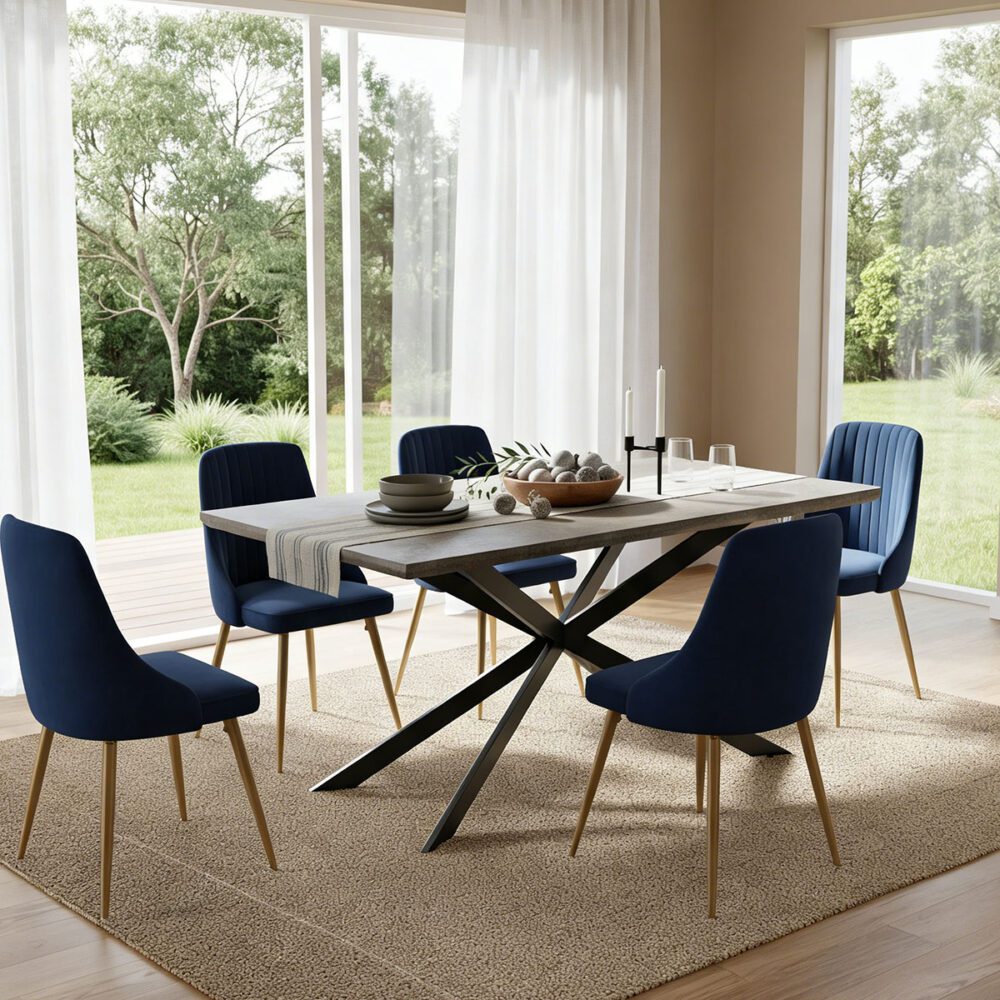Rectangular Table and Navy Velvet Chairs Dining Set