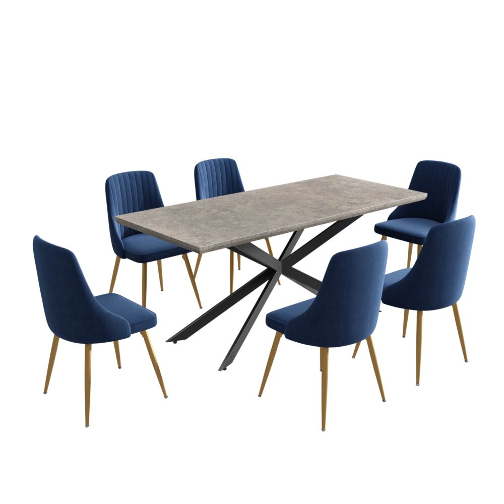 Rectangular Table and Navy Velvet Chairs Dining Set