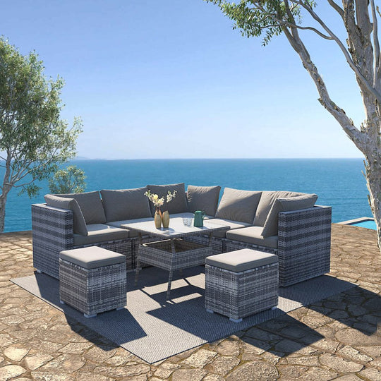 8PC Outdoor Dining Set Wicker Table &amp; Chairs-Grey with Grey colour