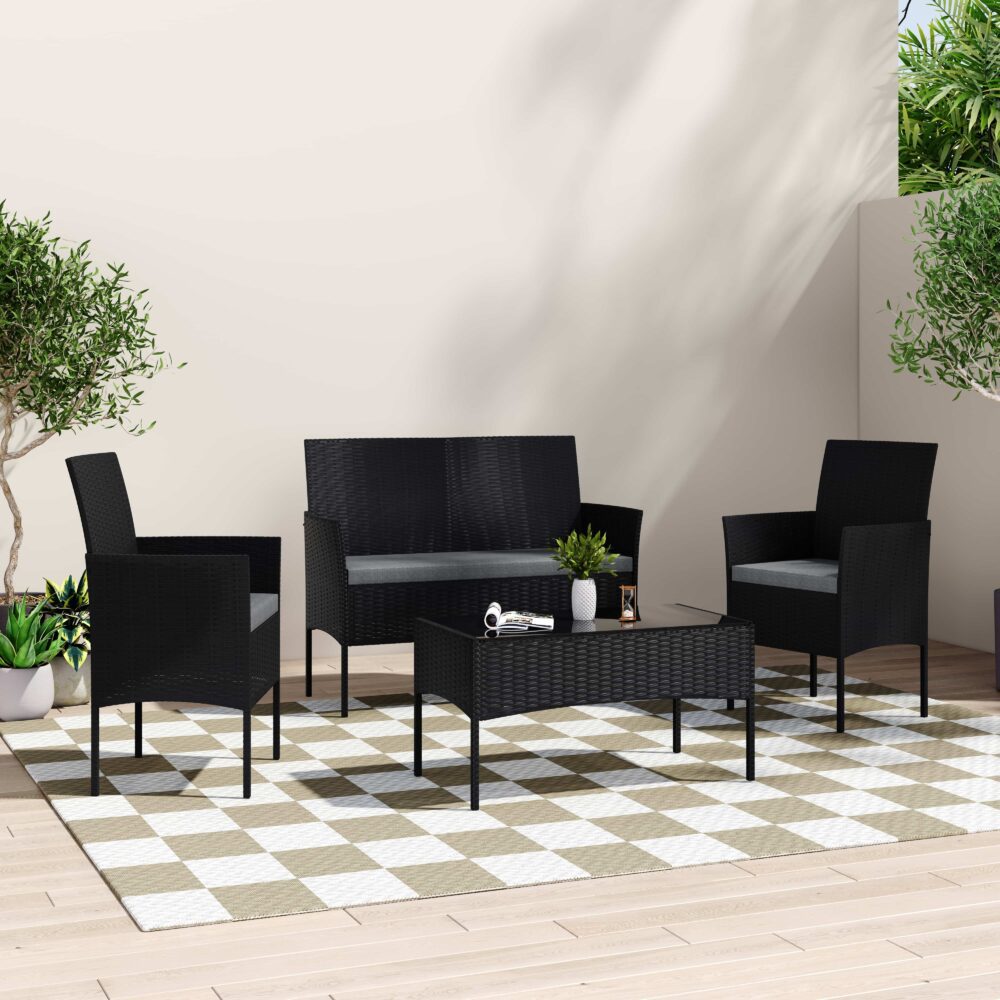 4 Seater Wicker Outdoor Lounge Set - Black