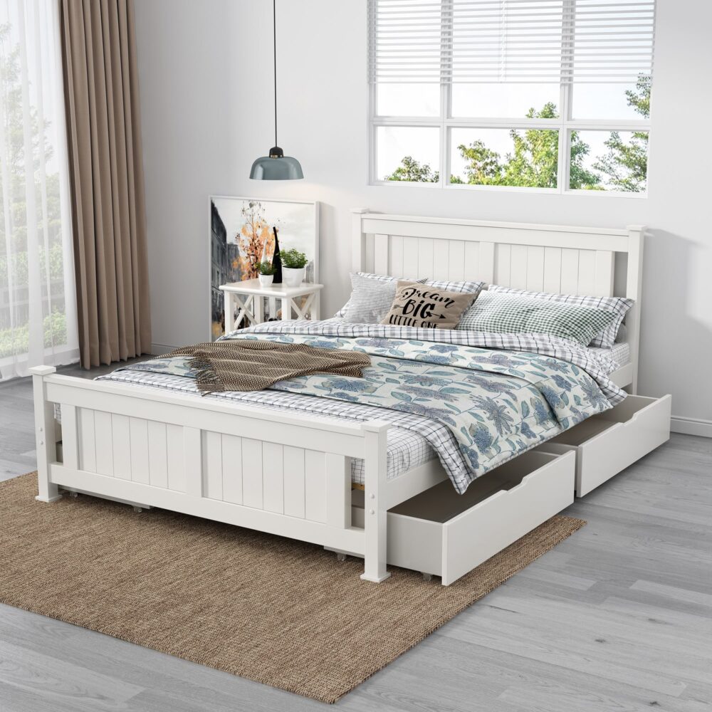 Wooden Bed Frame 2x With Storage Drawers And Trundle White