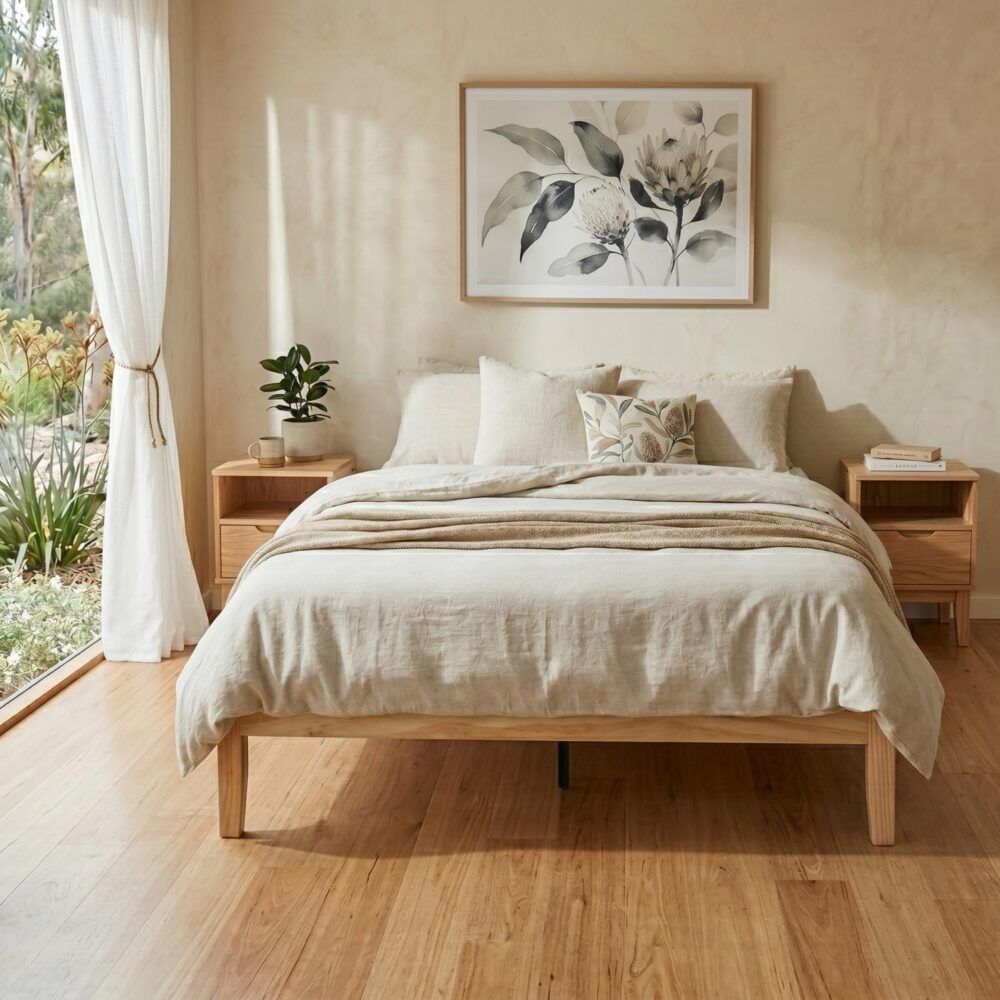 Beds & Bed Frames - Warm Wooden Natural Bed Base Frame – Queen