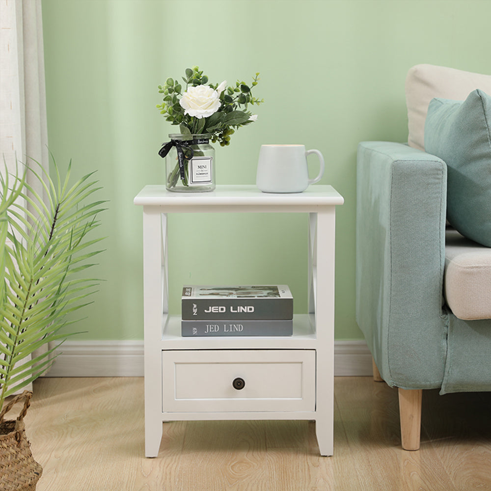 2-Tier Bedside Table With Storage Drawer 2 Pc Rustic White