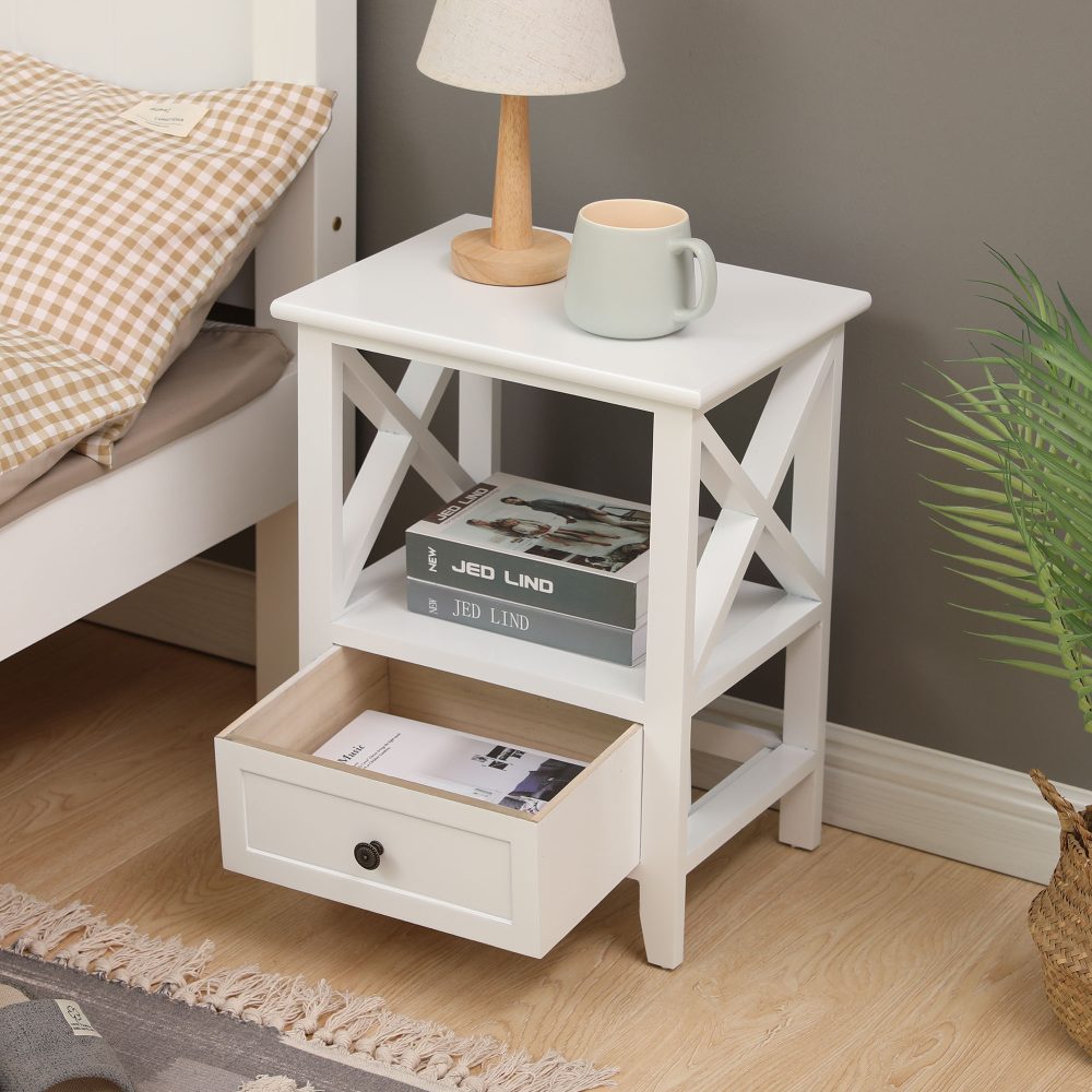 2-Tier Bedside Table With Storage Drawer 2 Pc Rustic White