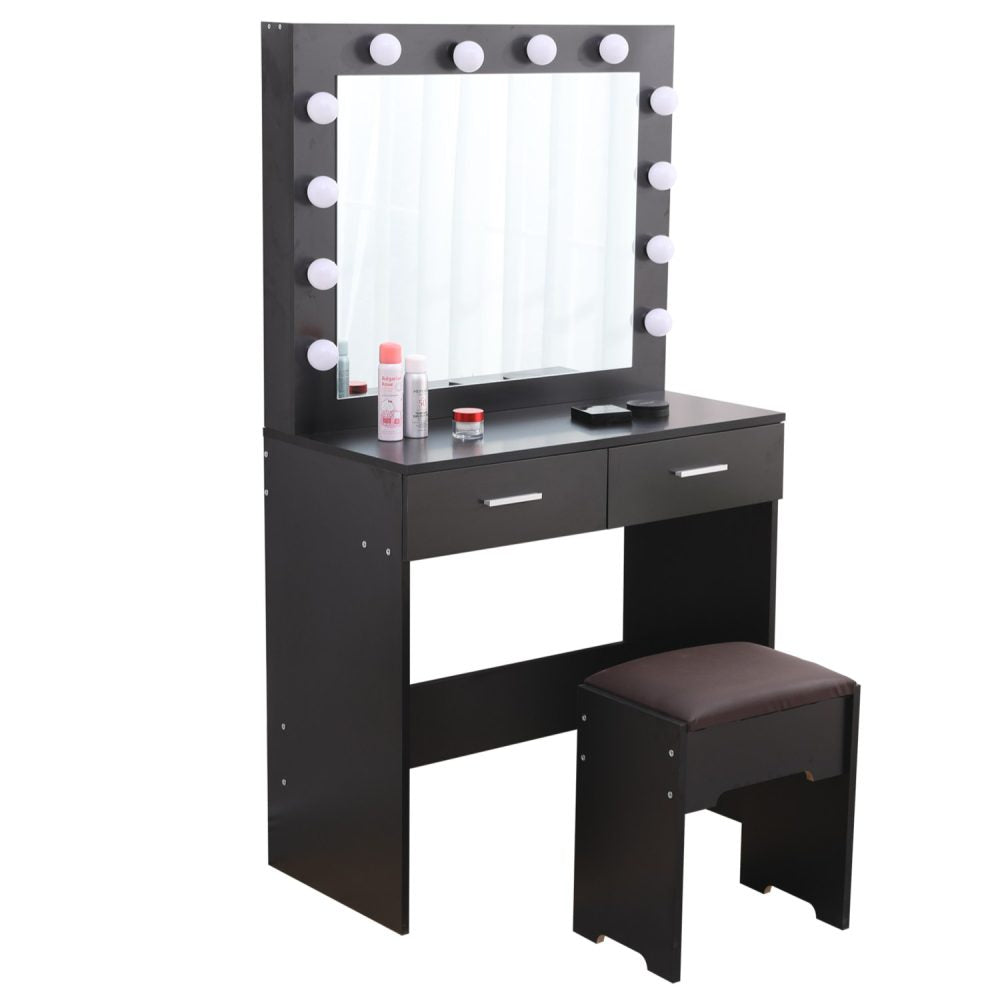 Fidel Vanity Set With Cushioned Stool And Lighted Mirror- Black