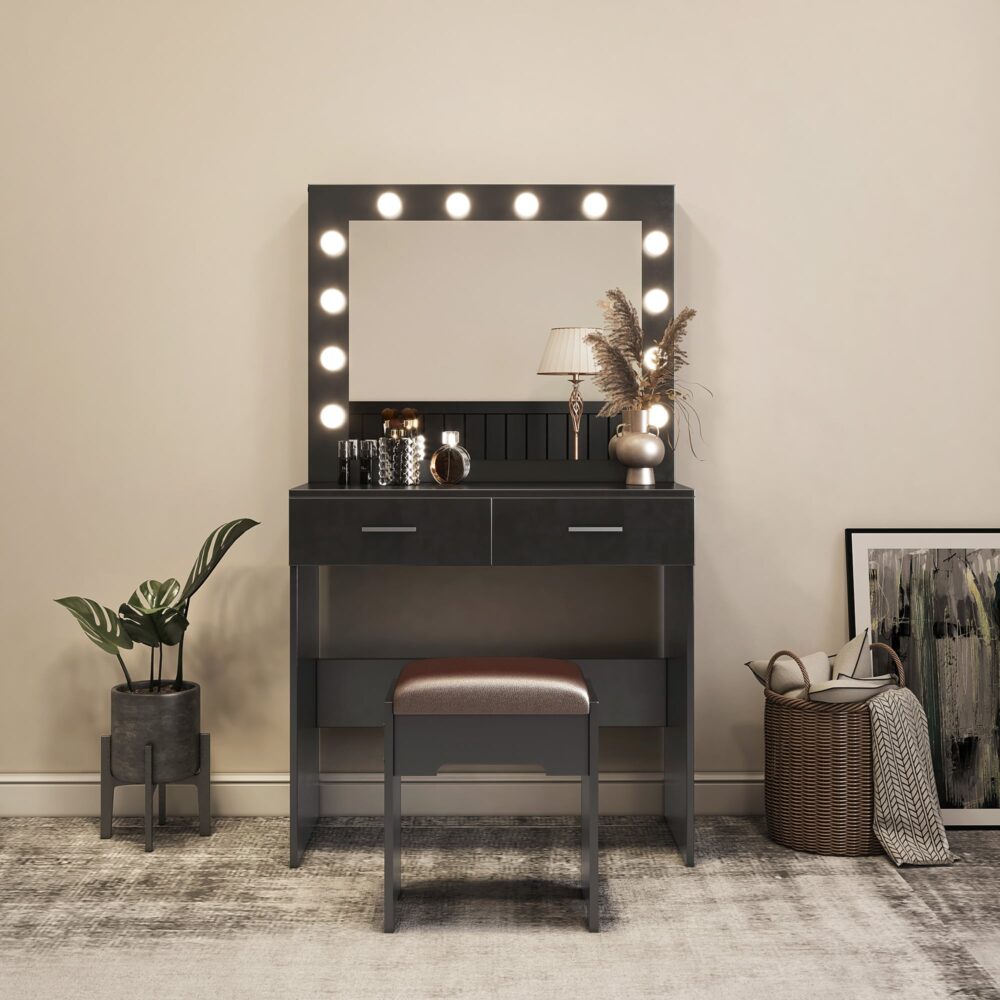 Vanity Set With Cushioned Stool And Lighted Mirror- Black