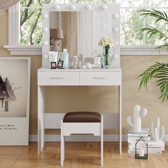 Vanity Set With Cushioned Stool And Lighted Mirror- White - Dressing Vanity & Dressing Tables