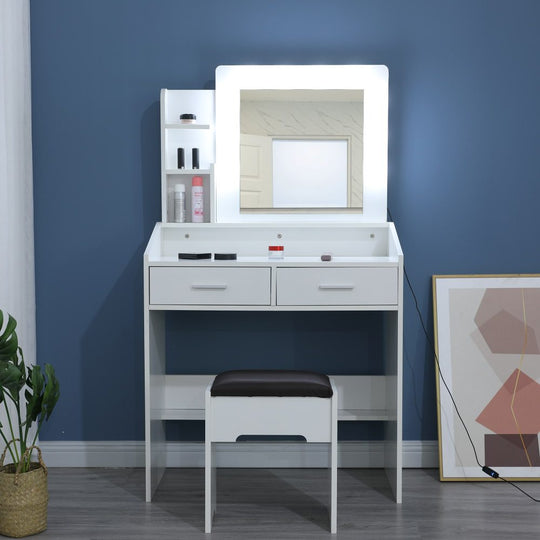 Vanity Set With Shelves Cushioned Stool And Lighted Mirror- White - White colour