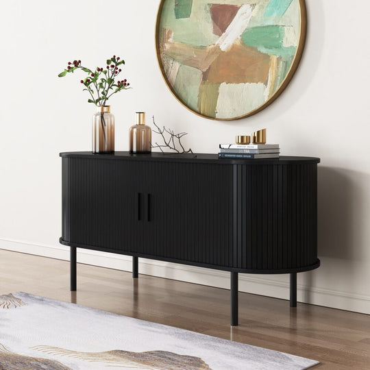 Ribbed Black Sideboard with Sliding Doors with Black colour