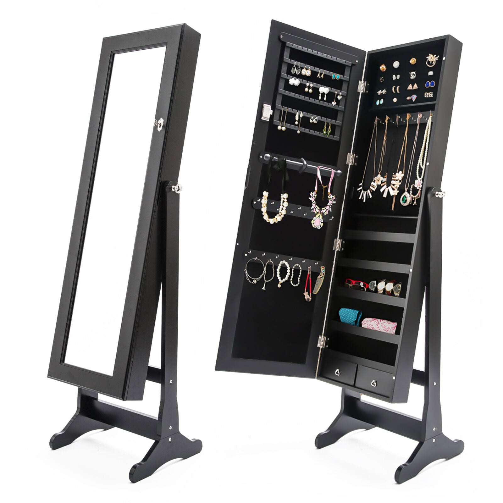 White/Black Mirror Jewellery Cabinet Lowe 146Cm Organiser 2 Drawers