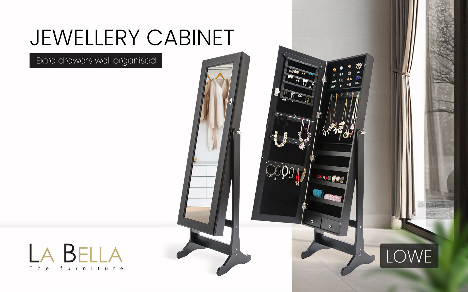 White/Black Mirror Jewellery Cabinet Lowe 146Cm Organiser 2 Drawers