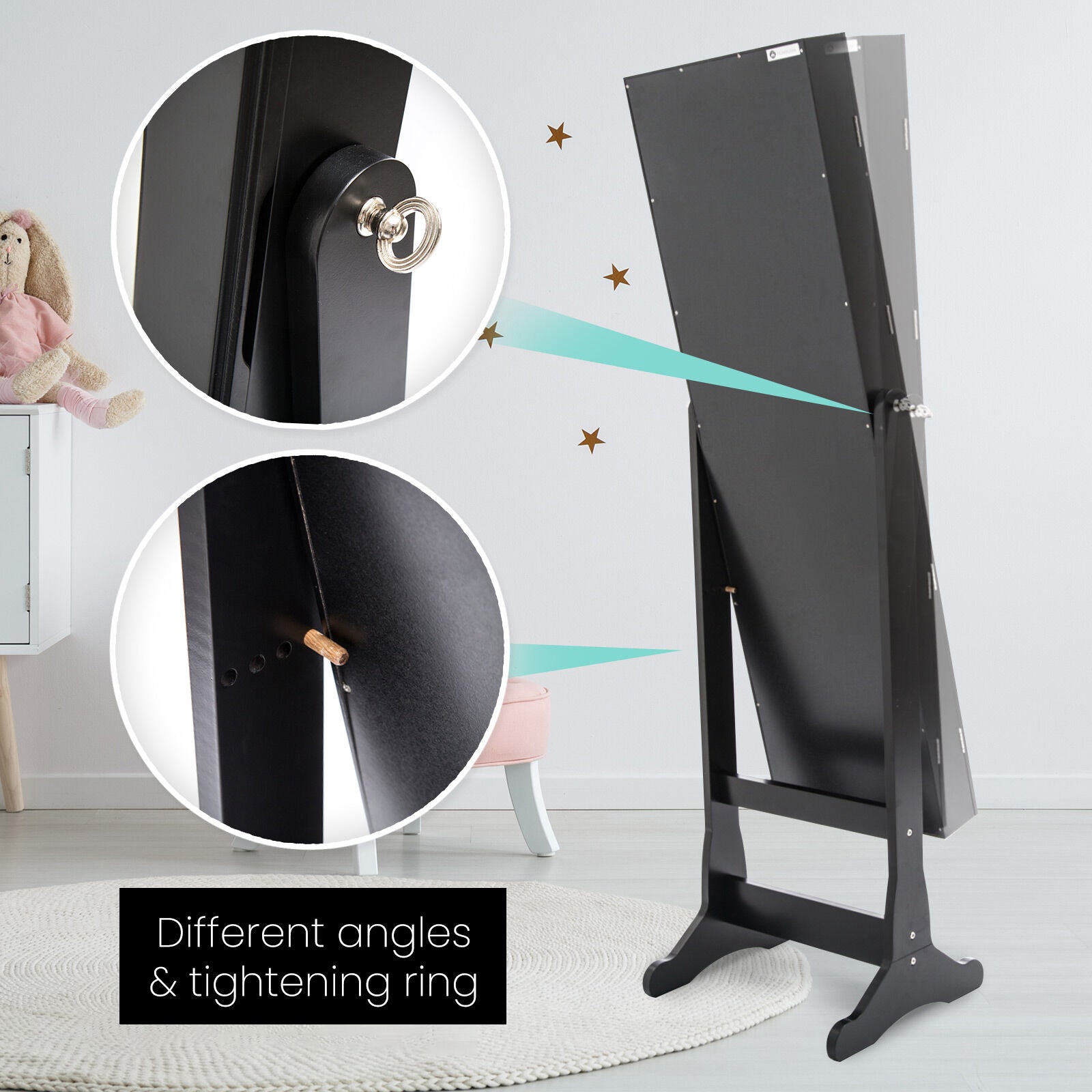 White/Black Mirror Jewellery Cabinet Lowe 146Cm Organiser 2 Drawers