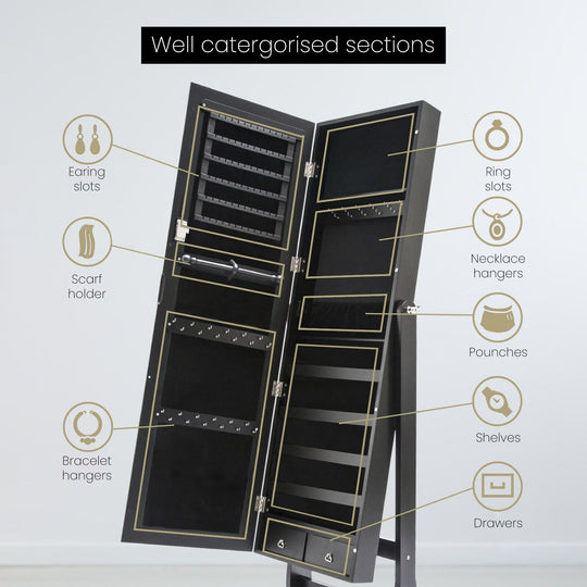 White/Black Mirror Jewellery Cabinet Lowe 146Cm Organiser 2 Drawers