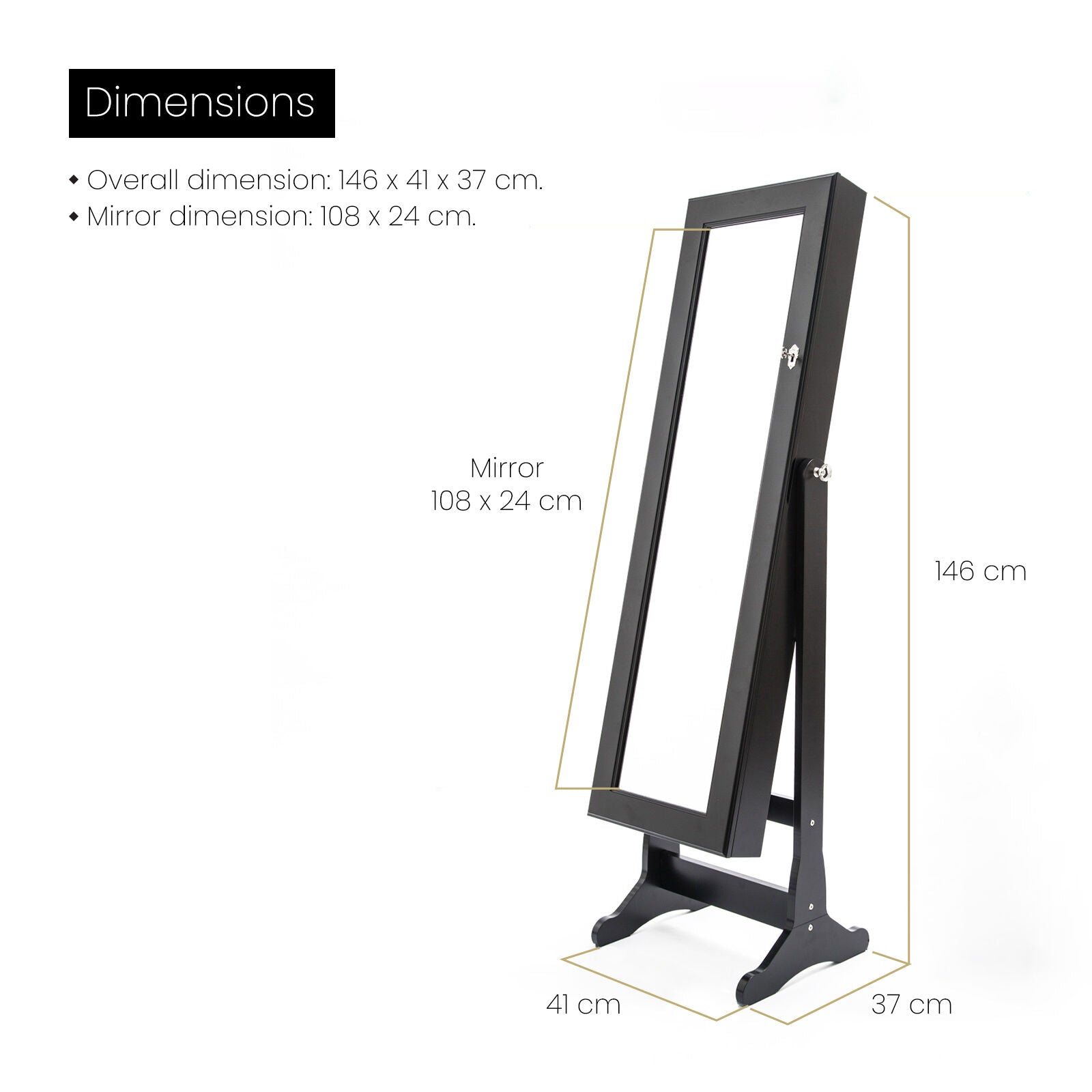 White/Black Mirror Jewellery Cabinet Lowe 146Cm Organiser 2 Drawers
