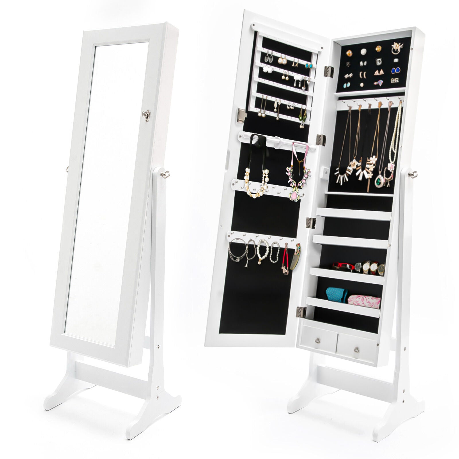 White/Black Mirror Jewellery Cabinet Lowe 146Cm Organiser 2 Drawers
