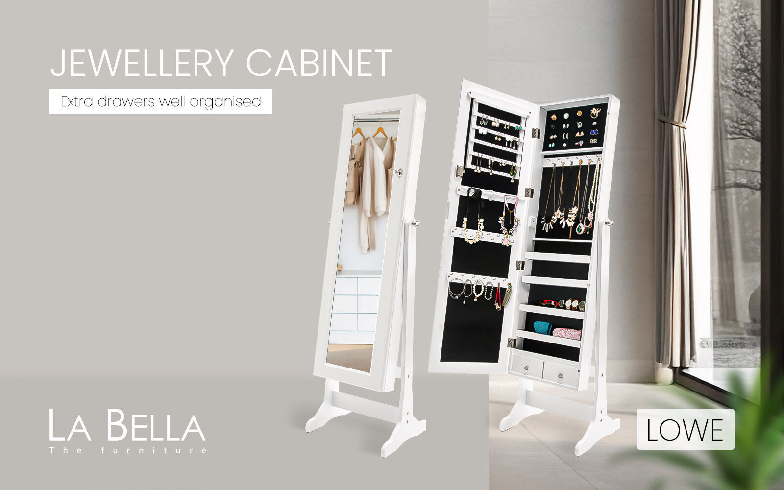 White/Black Mirror Jewellery Cabinet Lowe 146Cm Organiser 2 Drawers