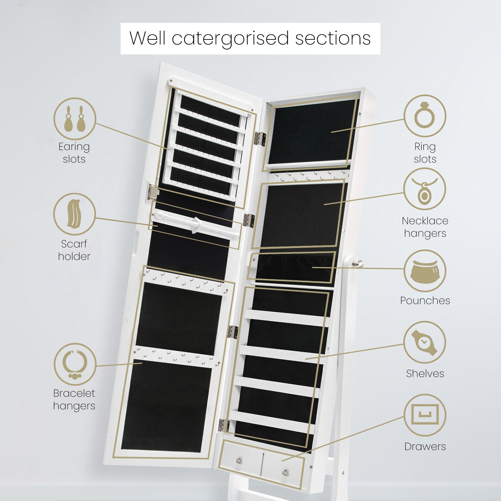 White/Black Mirror Jewellery Cabinet Lowe 146Cm Organiser 2 Drawers