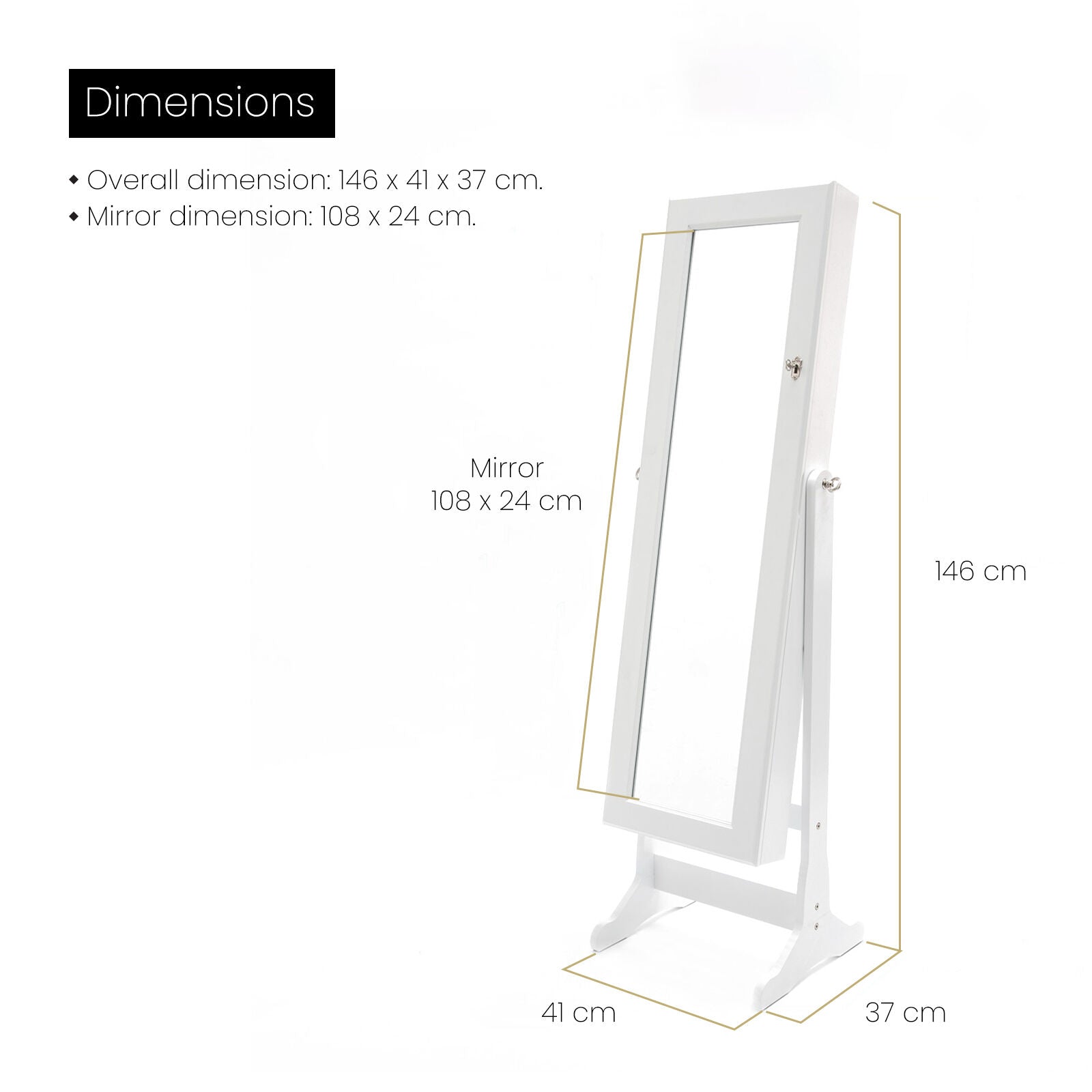 White/Black Mirror Jewellery Cabinet Lowe 146Cm Organiser 2 Drawers