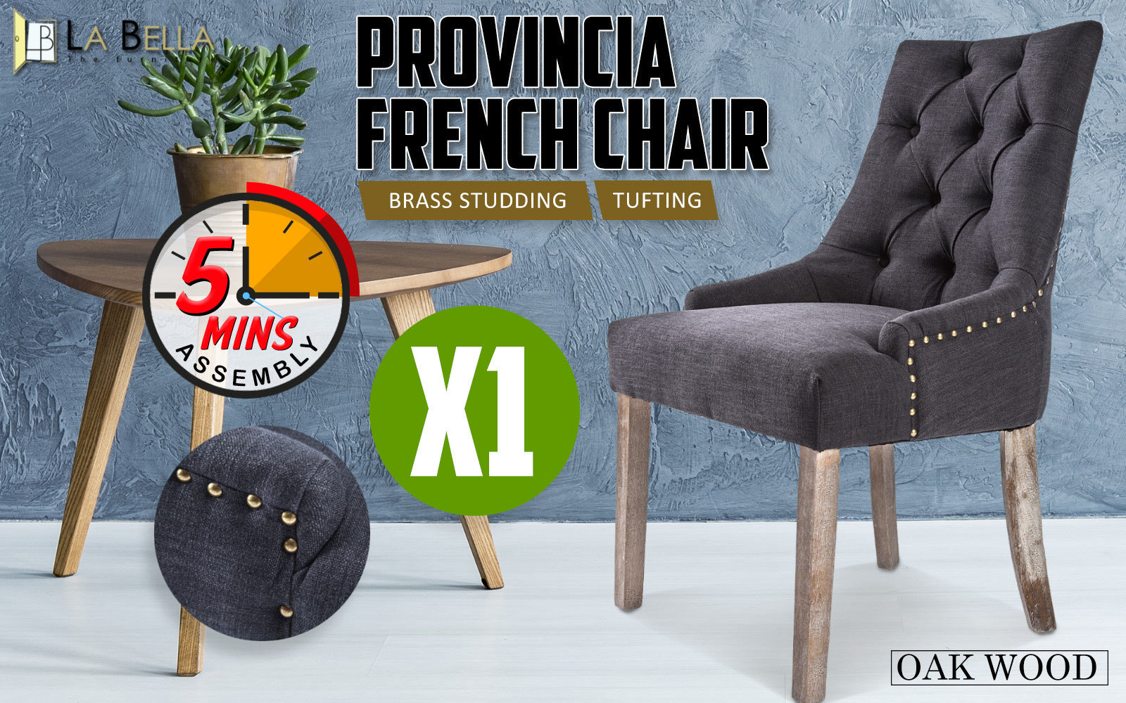 French Provincial Dining Chair Oak Leg AMOUR BLACK with Charcoal