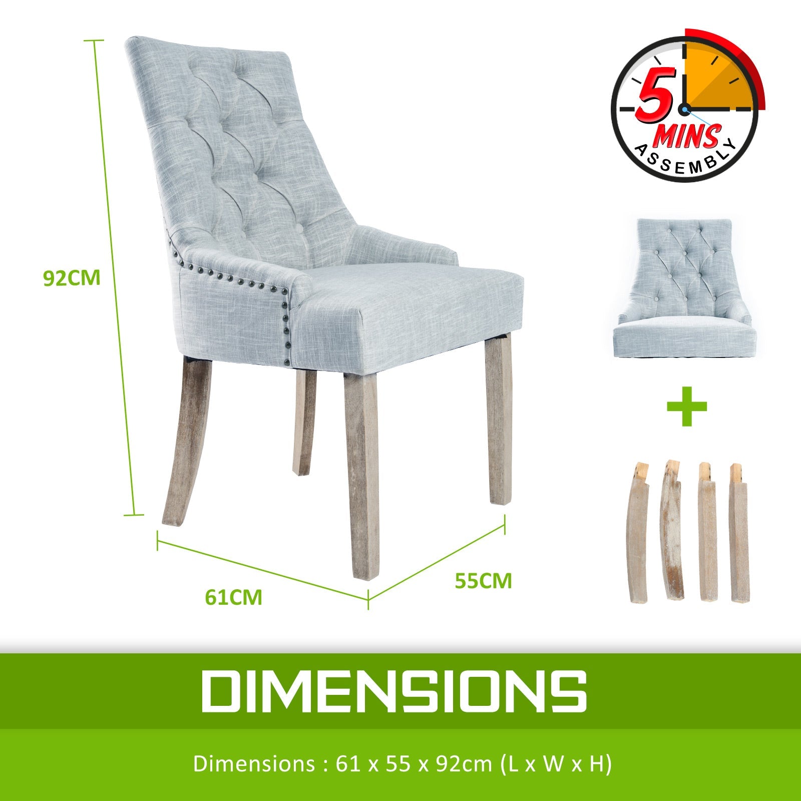 2X French Provincial Dining Chair Oak Leg AMOUR GREY with Oak colour