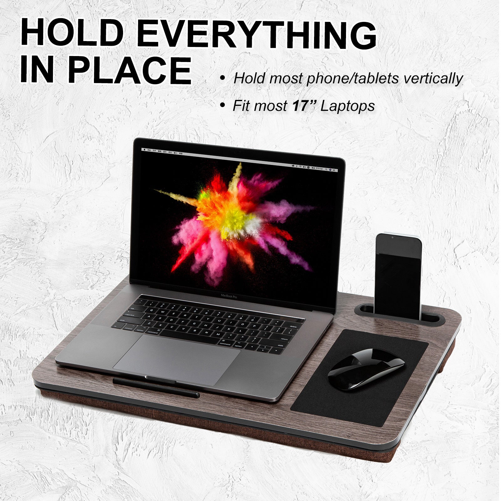 Grey colour - Iron Grey Oak Lap Desk Laptop Stand Cushioned Tray Phone Tablet Holder Mouse Pad