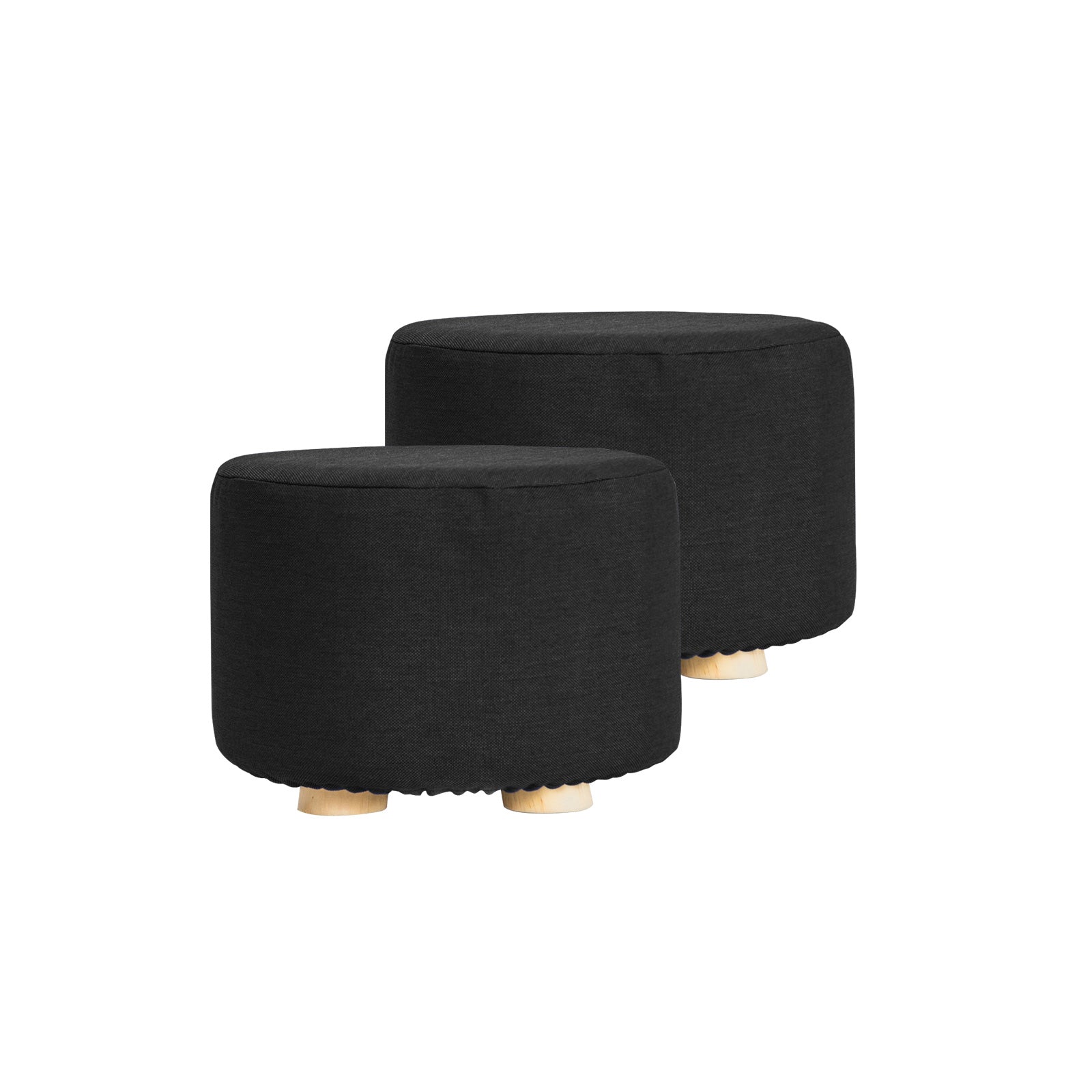 2X Fabric Ottoman Round Wooden Leg Foot Stool - BLACK, Fabric finish